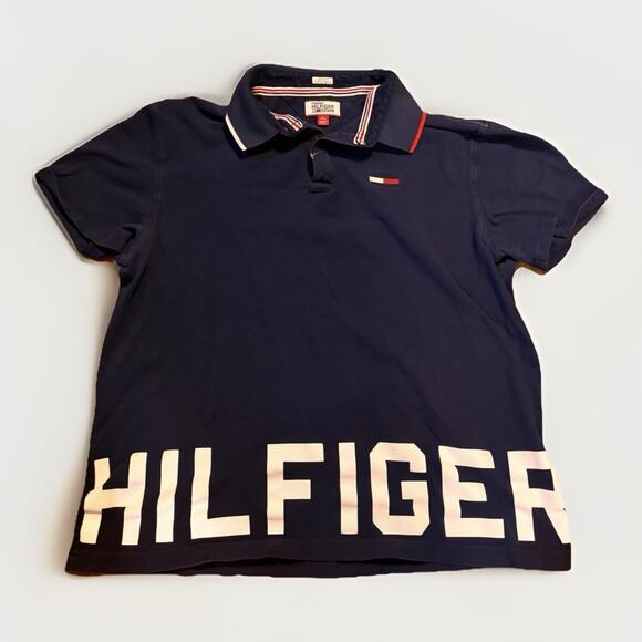 Tommy Hilfiger Denim Polo Shirt XL Navy Blue HILFIGER Logo - Picture 1 of 5